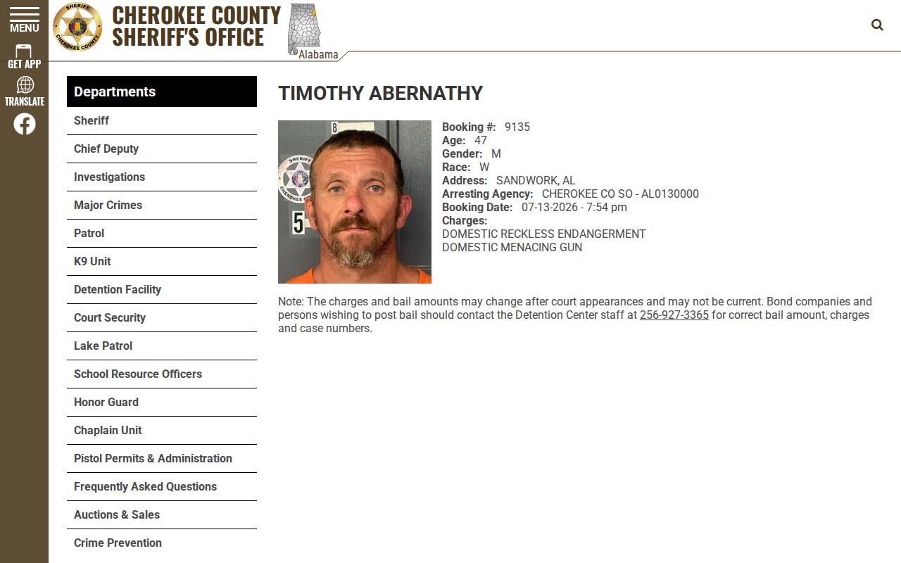 Cherokee County inmate records sample inmate profile